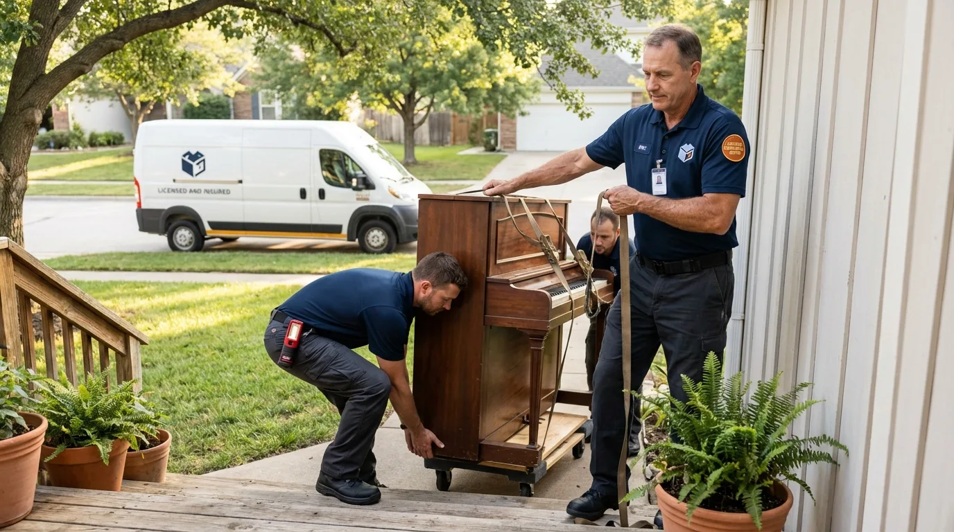 Licensed piano movers securing grand piano in Hardwick, MA